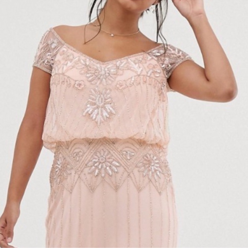 Amelia Rose beaded baroque off the shoulder peach pink gown NWT - Picture 2 of 12